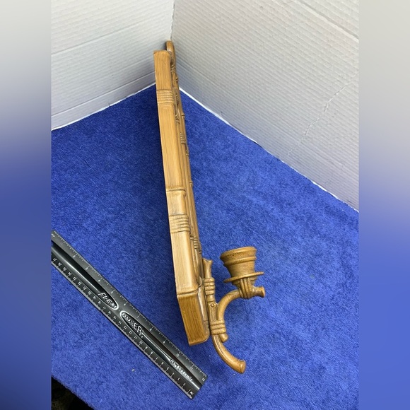 Pair Retro 1980 BURWOOD 2473 Plastic RATTAN Bamboo WALL SCONCE Candle Holder 20” - Picture 4 of 10